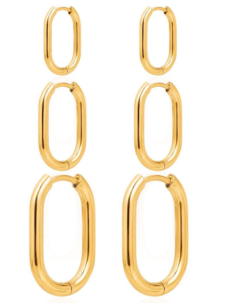 Trio de Brinco Aço Inoxidável Folheado a Ouro 18k Argolas Oval