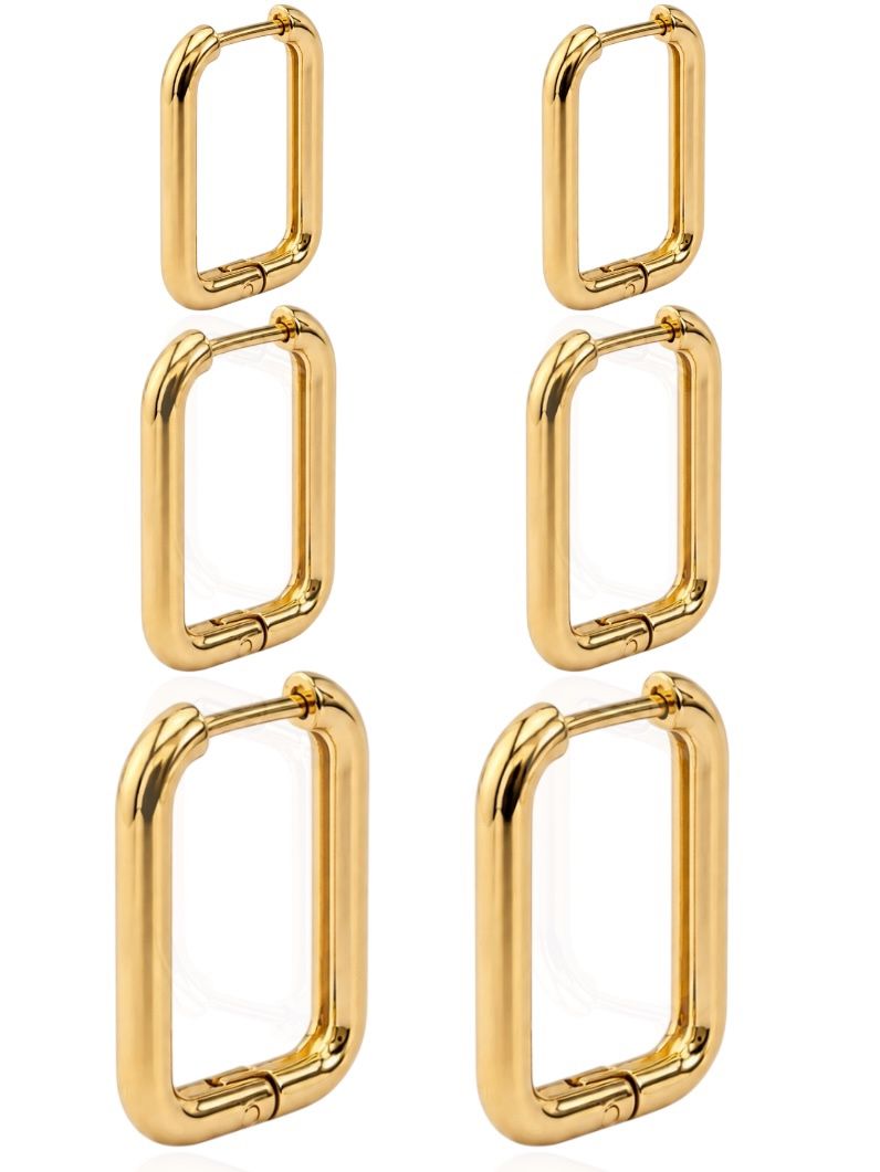 Trio de Brinco Aço Inoxidável Folheado a Ouro 18k Argolas Quadradas