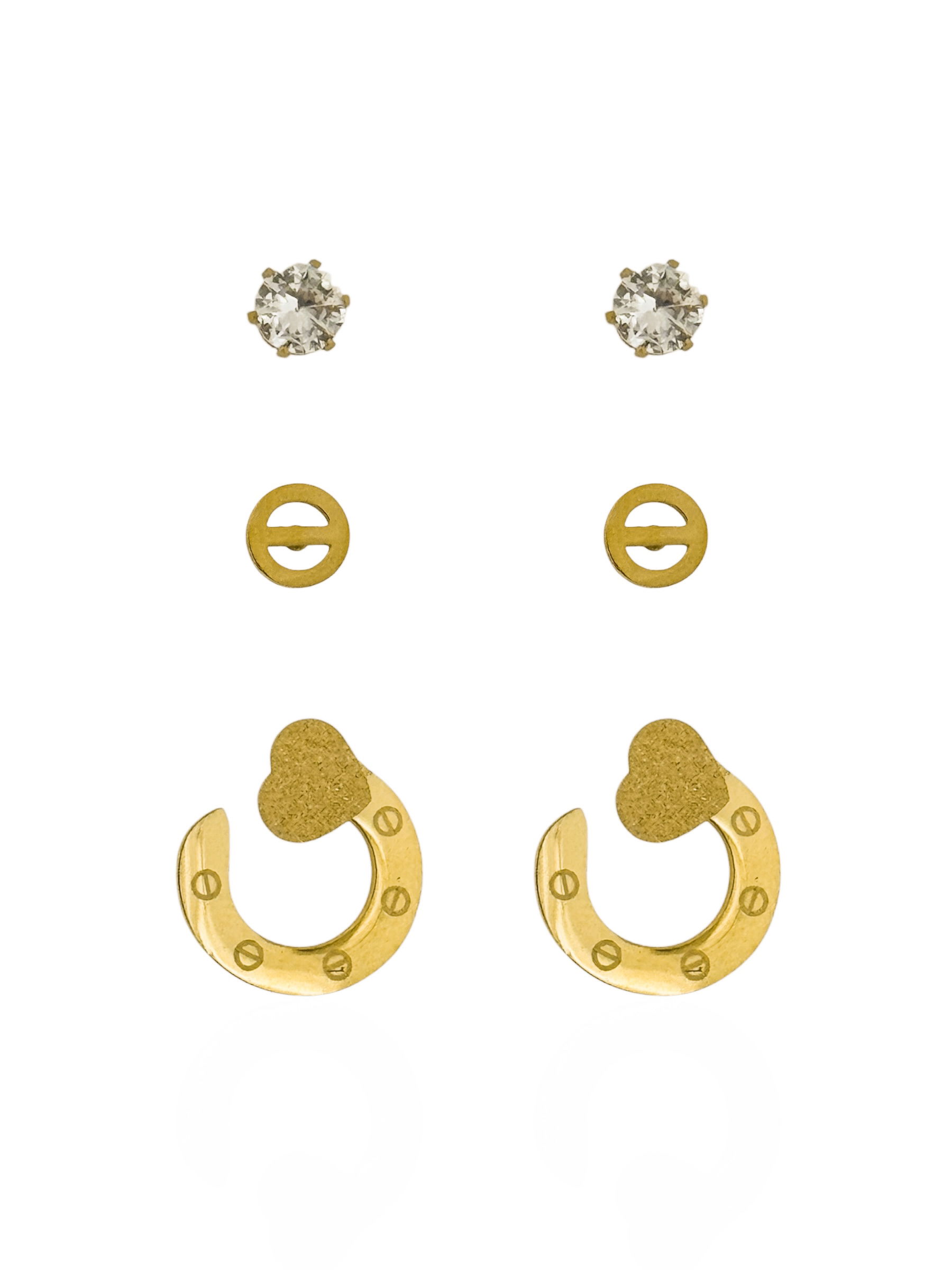 Trio de Brinco Aço Inoxidável Folheado a Ouro 18k Inspiração Grandes Marcas e Ponto de Luz