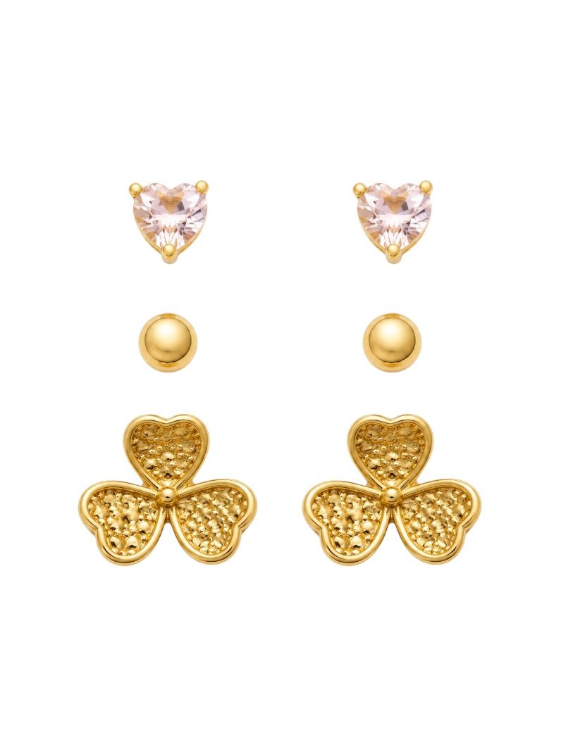 Trio de Brinco Folheado a Ouro 18k Coração Cristal, Esfera e Flor