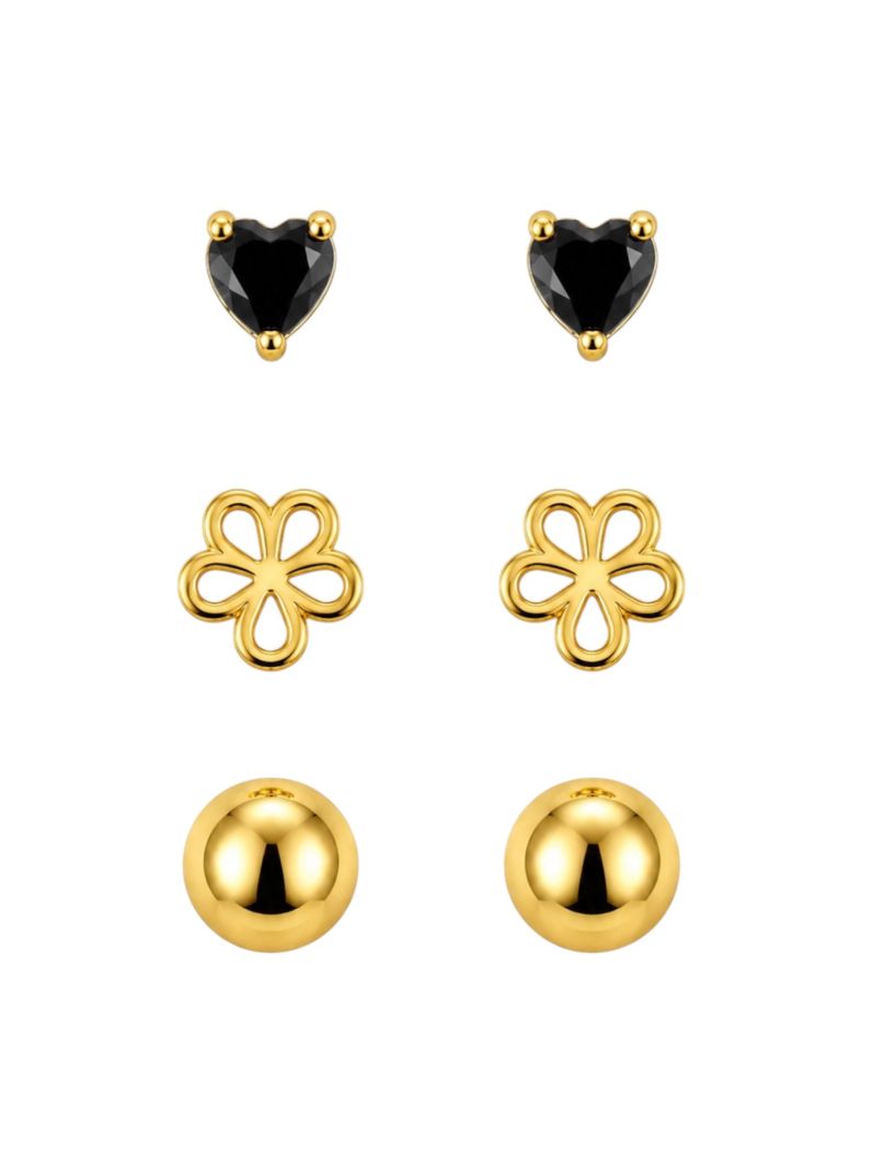 Trio de Brinco Folheado a Ouro 18k Coração, Flor e Esfera