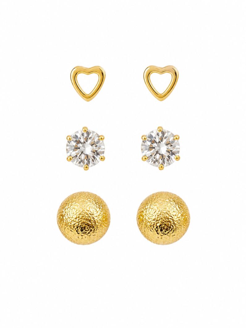 Trio de Brinco Folheado a Ouro 18k Coração, Ponto de Luz e Esfera