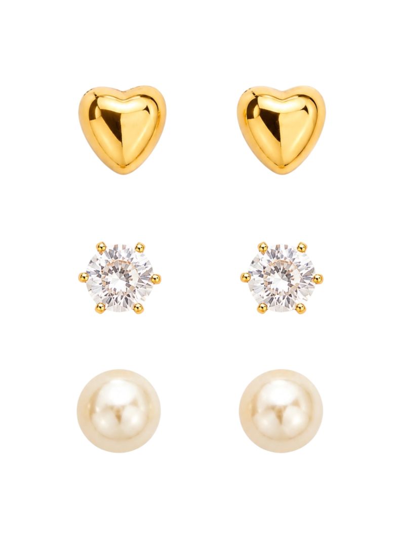 Trio de Brinco Folheado a Ouro 18k Coração, Ponto de Luz e Pérola