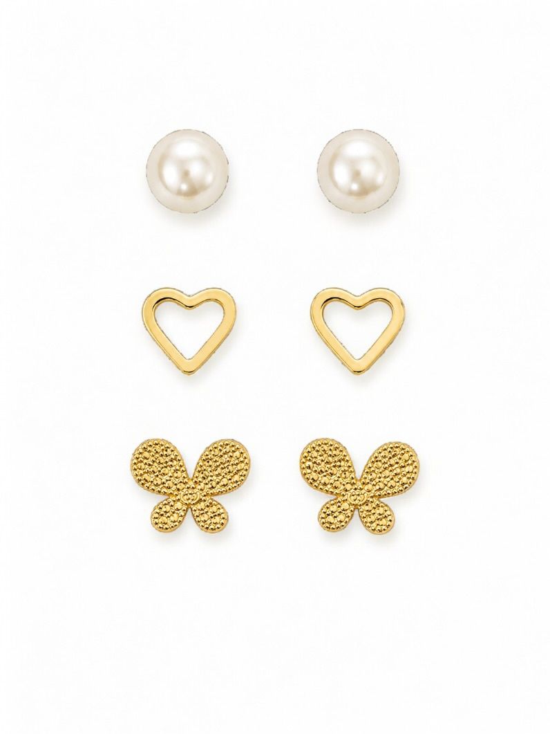 Trio de Brinco Folheado a Ouro 18k Coração Vazado Com Pérolas e Borboletas