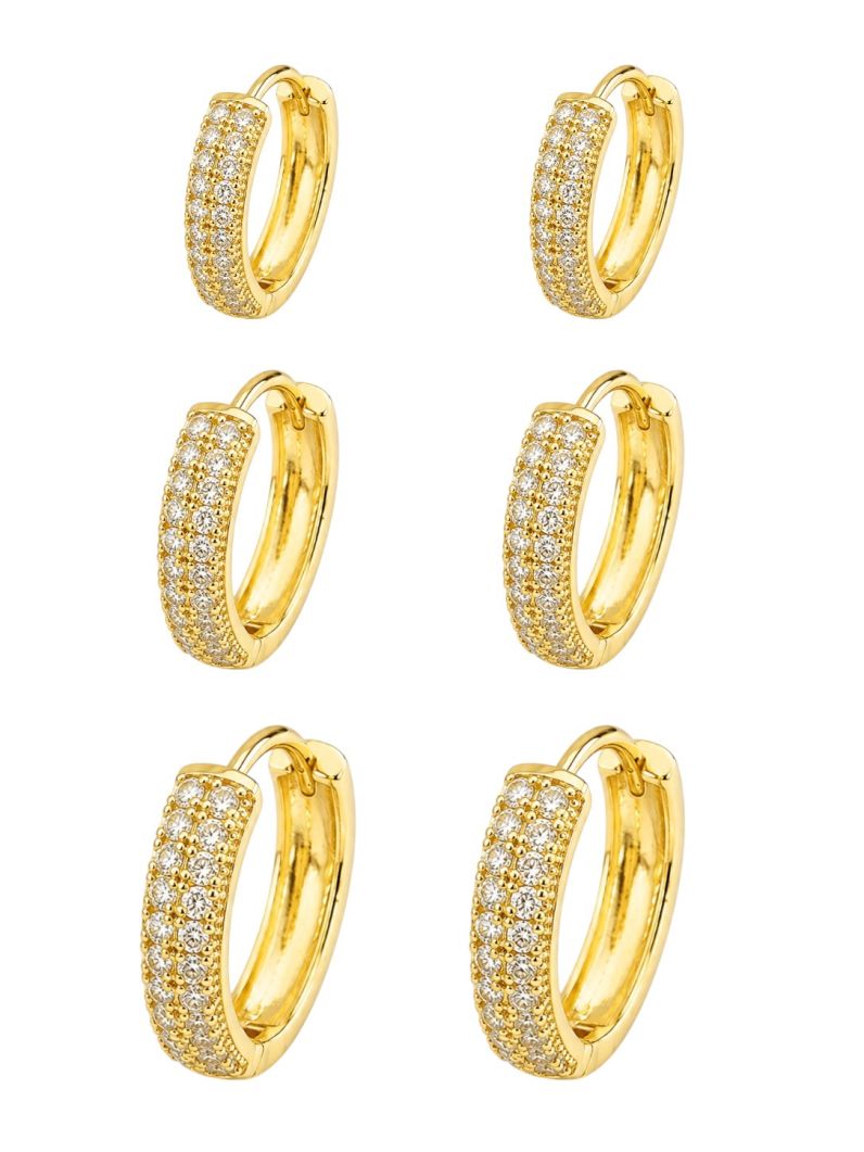 Trio de Brinco Folheado a Ouro 18k e Prata Argola com Cristais Modernos