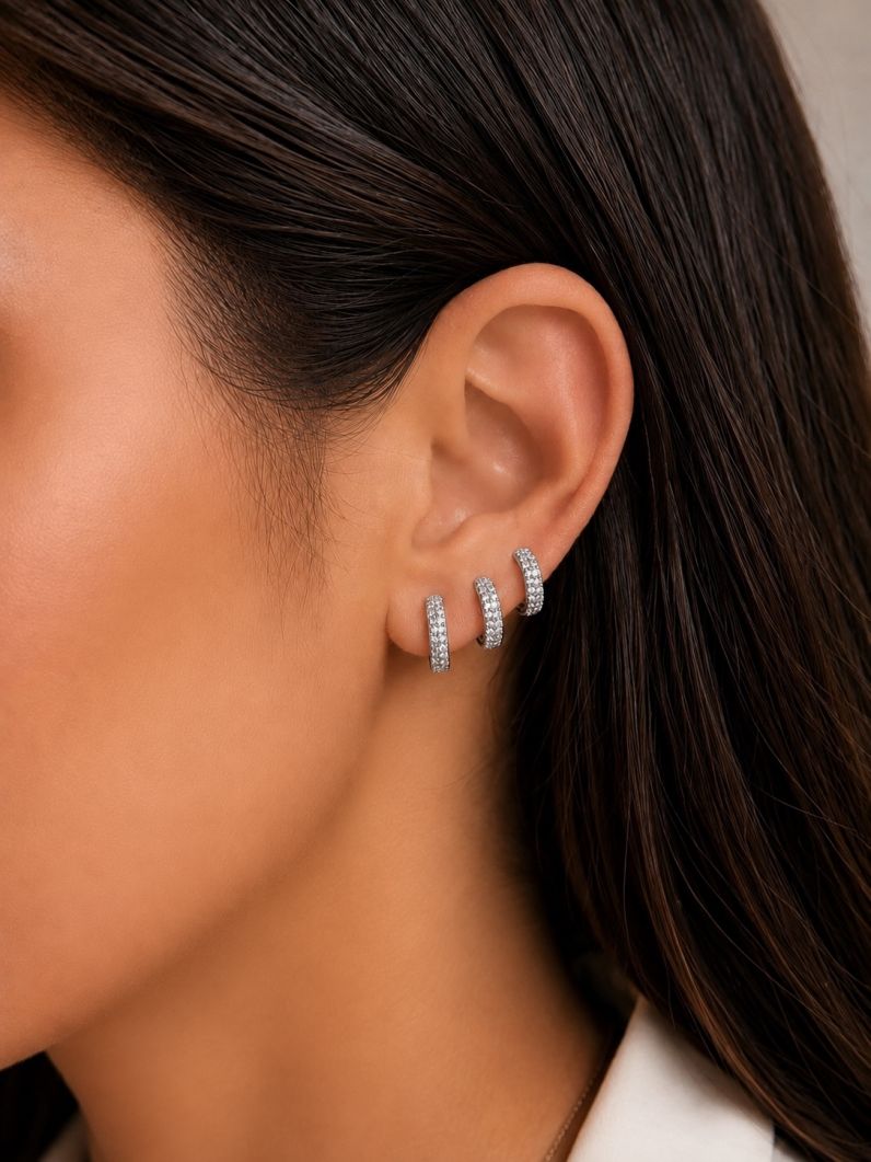 Trio de Brinco Folheado a Ouro 18k e Prata Argola com Cristais Modernos