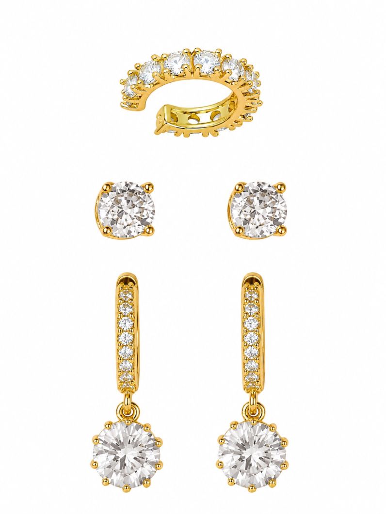 Trio de Brinco Folheado a Ouro 18k e Prata Argola com Pontos de Luz