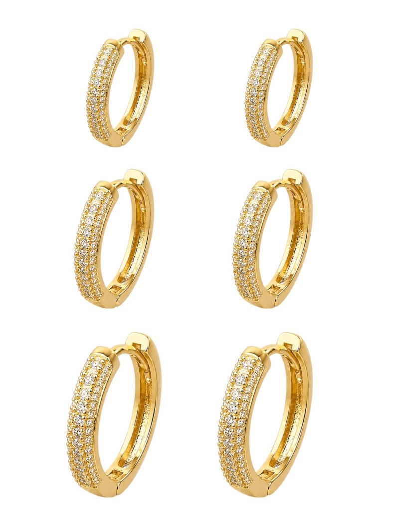 Trio de Brinco Folheado a Ouro 18k e Prata Argola Detalhada e Cravejada