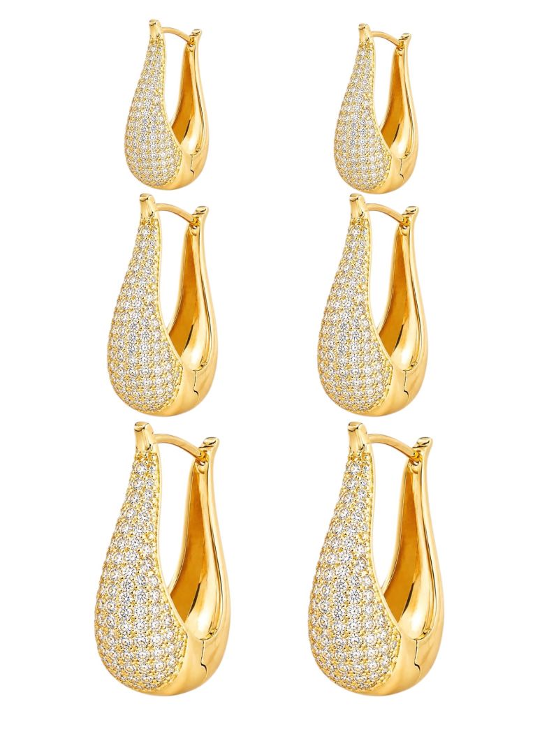 Trio de Brinco Folheado a Ouro 18k e Prata Argola Gota Cravejada