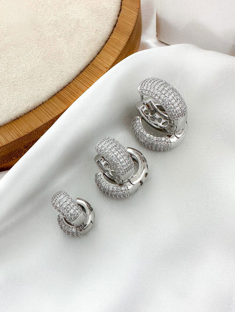 Trio de Brinco Folheado a Ouro 18k e Prata Argola Grossa Cravejada