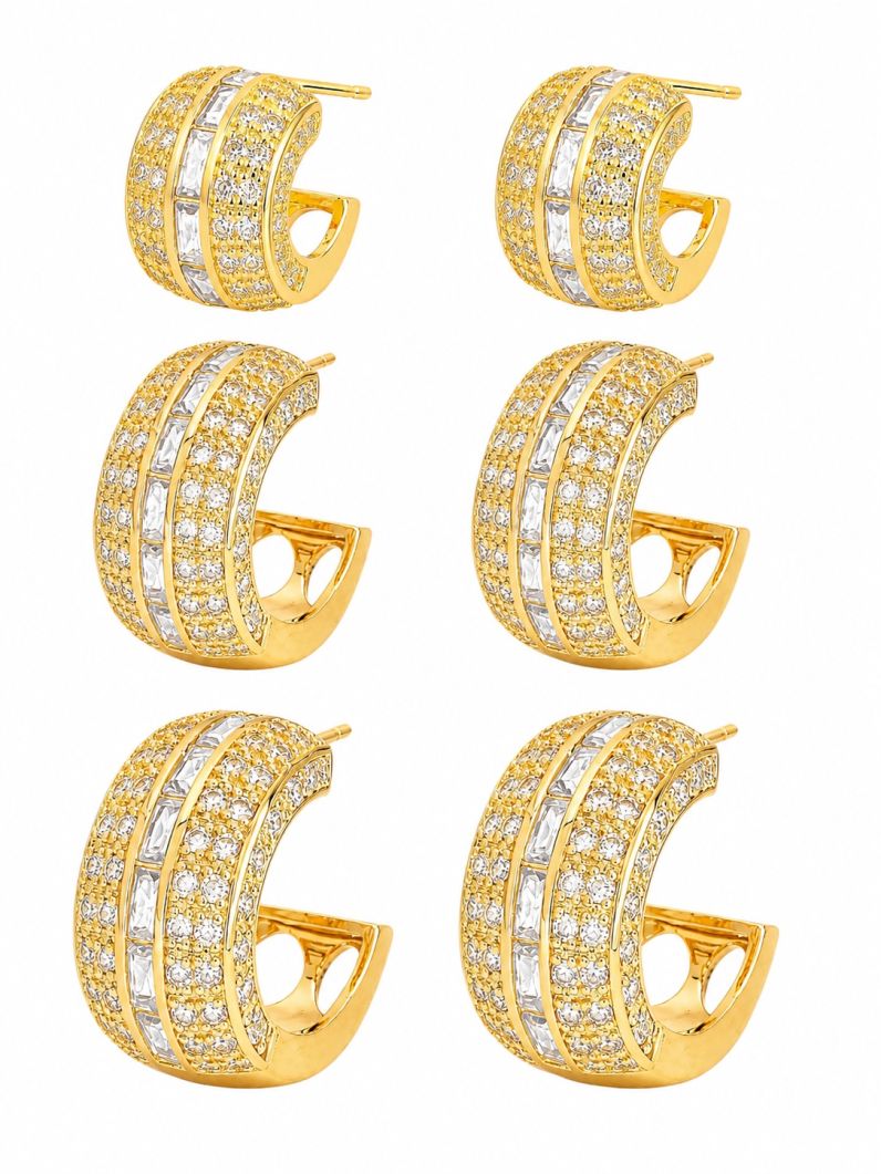 Trio de Brinco Folheado a Ouro 18k e Prata Argola Maxi Com Zirconia e Navete Colorido