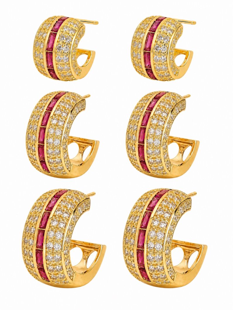 Trio de Brinco Folheado a Ouro 18k e Prata Argola Maxi Com Zirconia e Navete Colorido