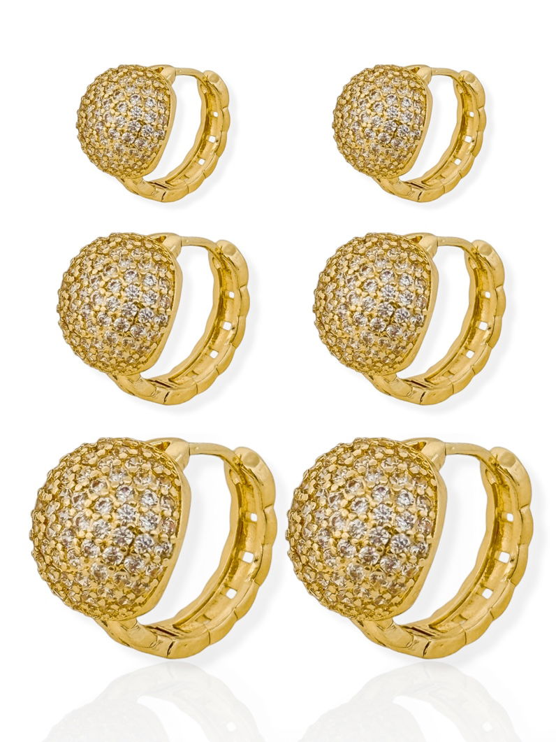 Trio de Brinco Folheado a Ouro 18k e Prata Argola Meia Esfera Cravejada