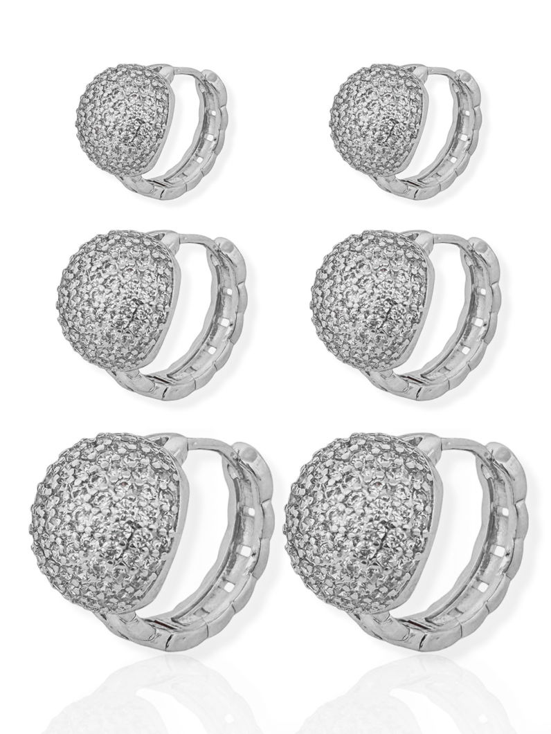 Trio de Brinco Folheado a Ouro 18k e Prata Argola Meia Esfera Cravejada