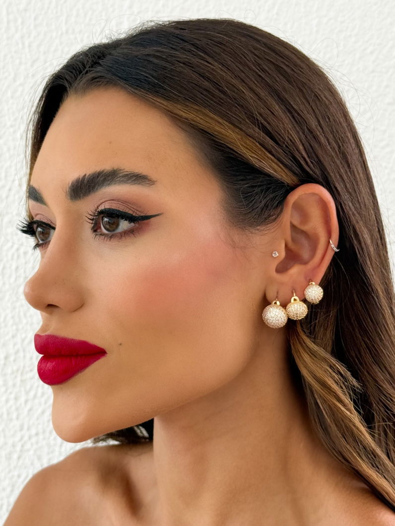 Trio de Brinco Folheado a Ouro 18k e Prata Argola Meia Esfera Cravejada