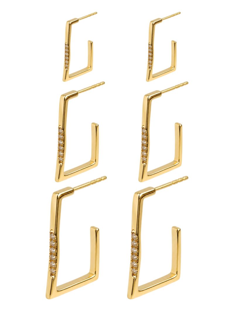 Trio de Brinco Folheado a Ouro 18k e Prata Argola Quadrada Cravejada
