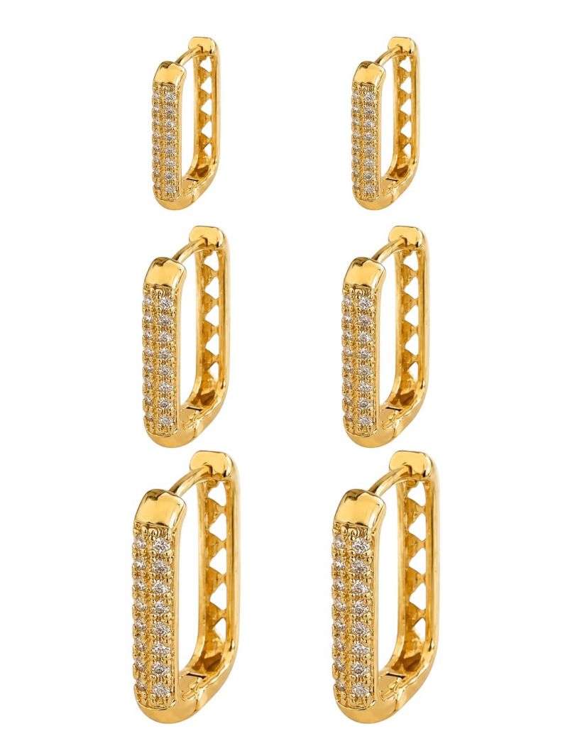 Trio de Brinco Folheado a Ouro 18k e Prata Argola Quadrada Cravejada