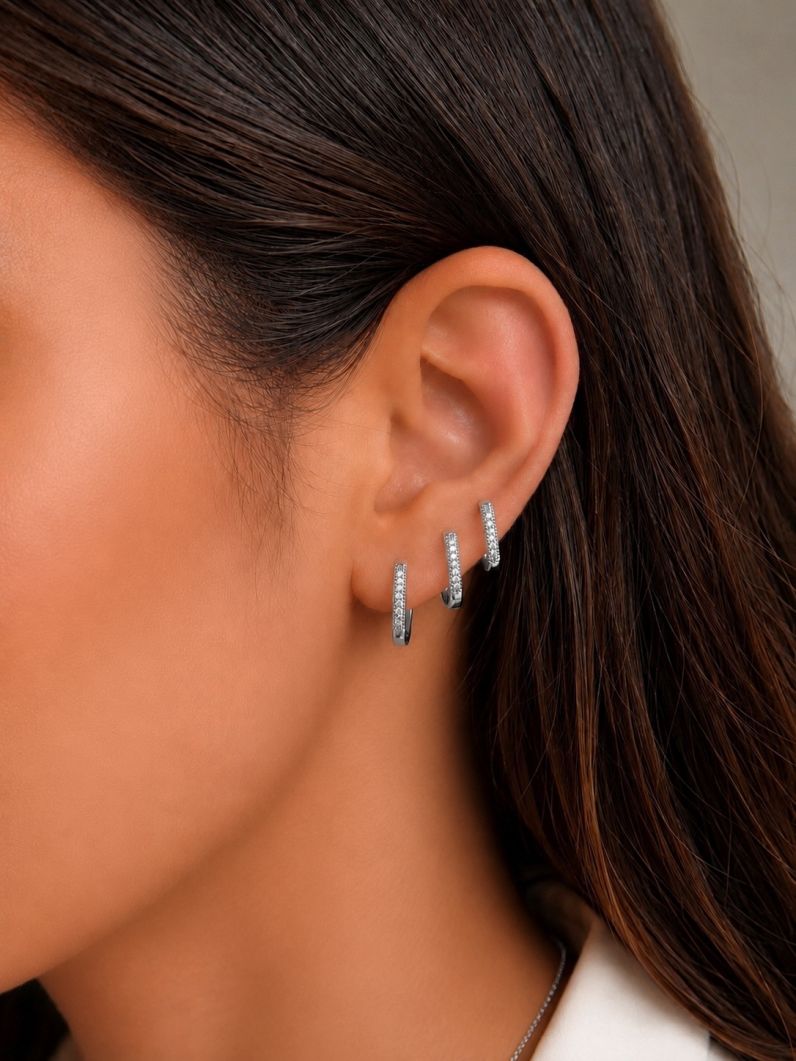 Trio de Brinco Folheado a Ouro 18k e Prata Argola Quadrada Cravejada