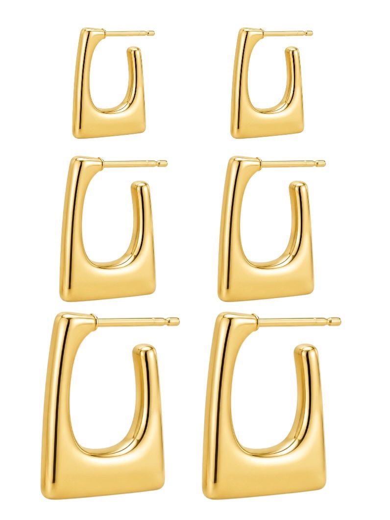 Trio de Brinco Folheado a Ouro 18k e Prata Argola Quadrada Vazada