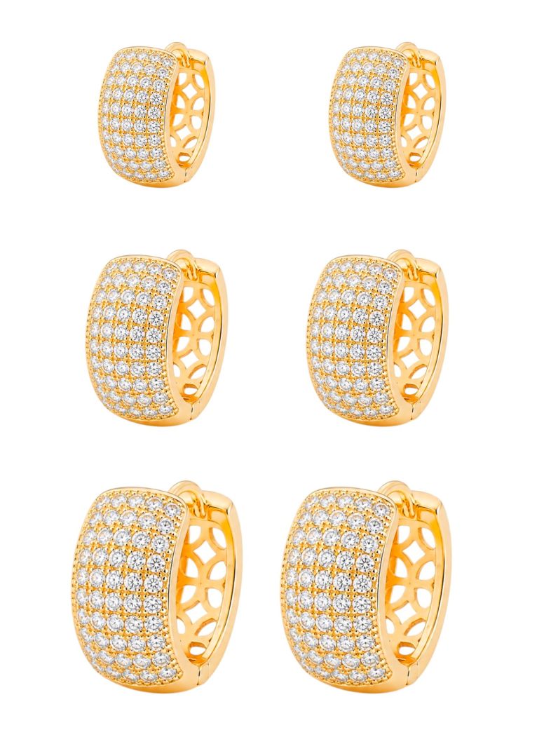 Trio de Brinco Folheado a Ouro 18k e Prata Argola Redonda Cravejada