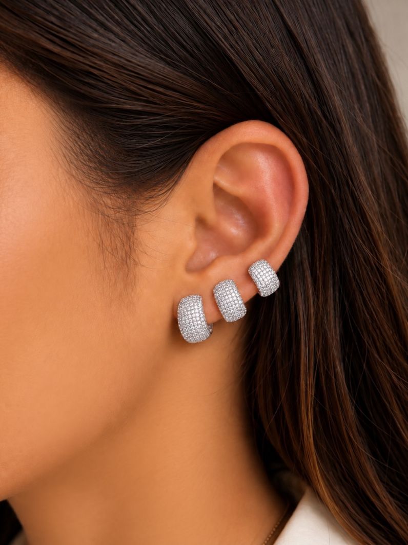 Trio de Brinco Folheado a Ouro 18k e Prata Argola Redonda Cravejada