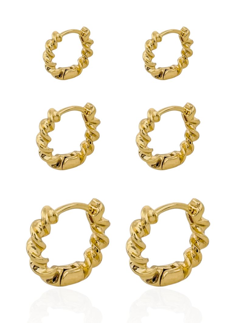 Trio de Brinco Folheado a Ouro 18k e Prata Argola Torcida