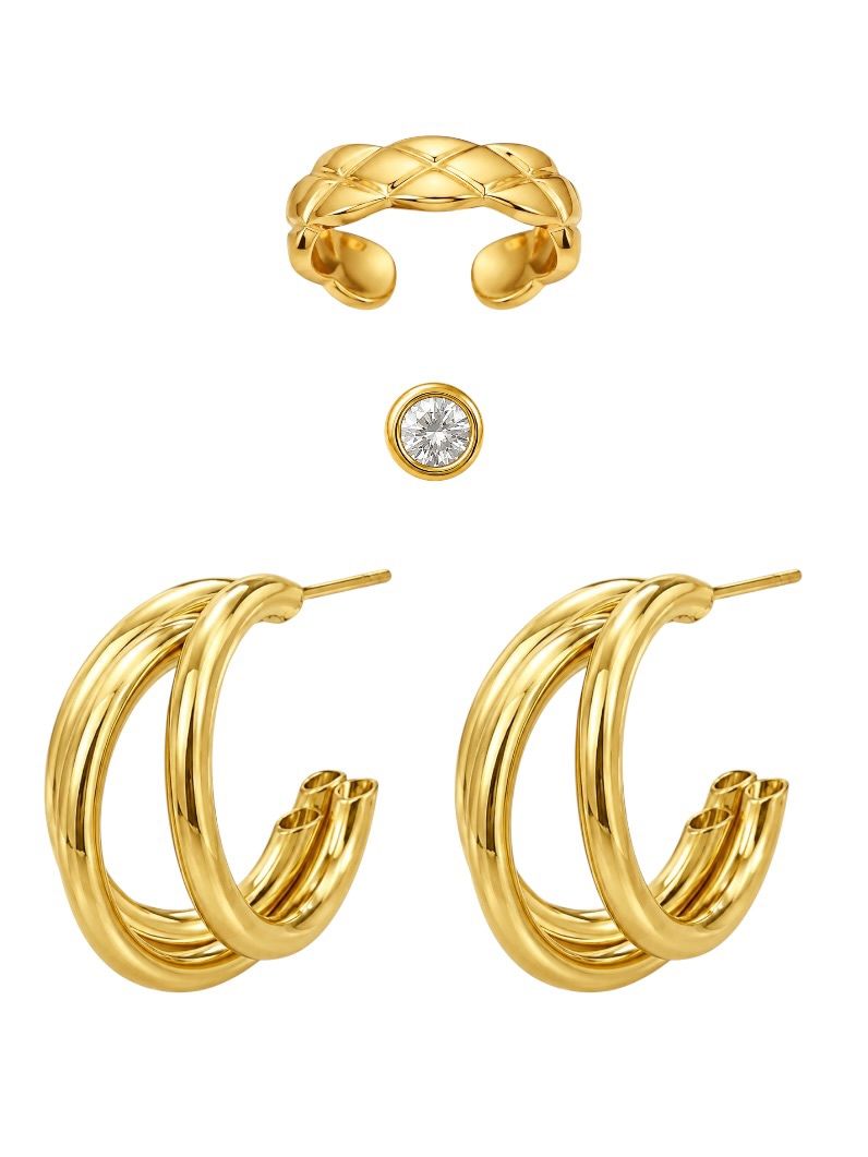 Trio de Brinco Folheado a Ouro 18k e Prata Argola Três Fios e Trançada