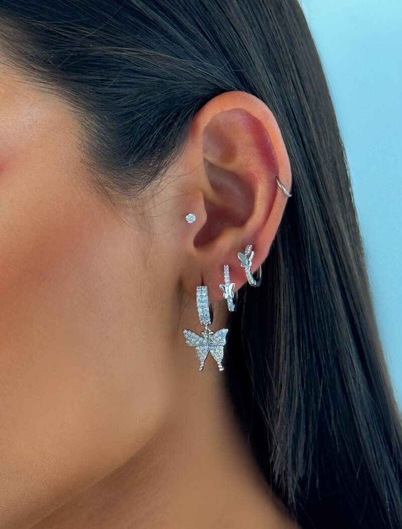 Trio de Brinco Folheado a Ouro 18k e Prata Argolas Cravejadas com Borboletas