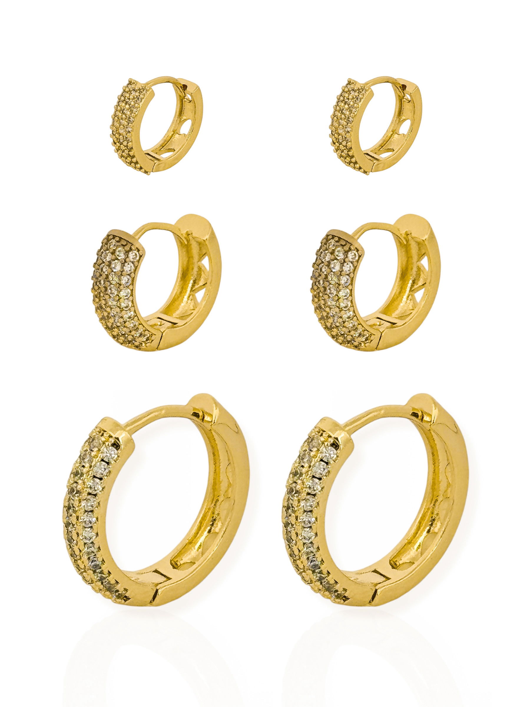 Trio de Brinco Folheado a Ouro 18k e Prata Argolas Cravejadas e Lisos