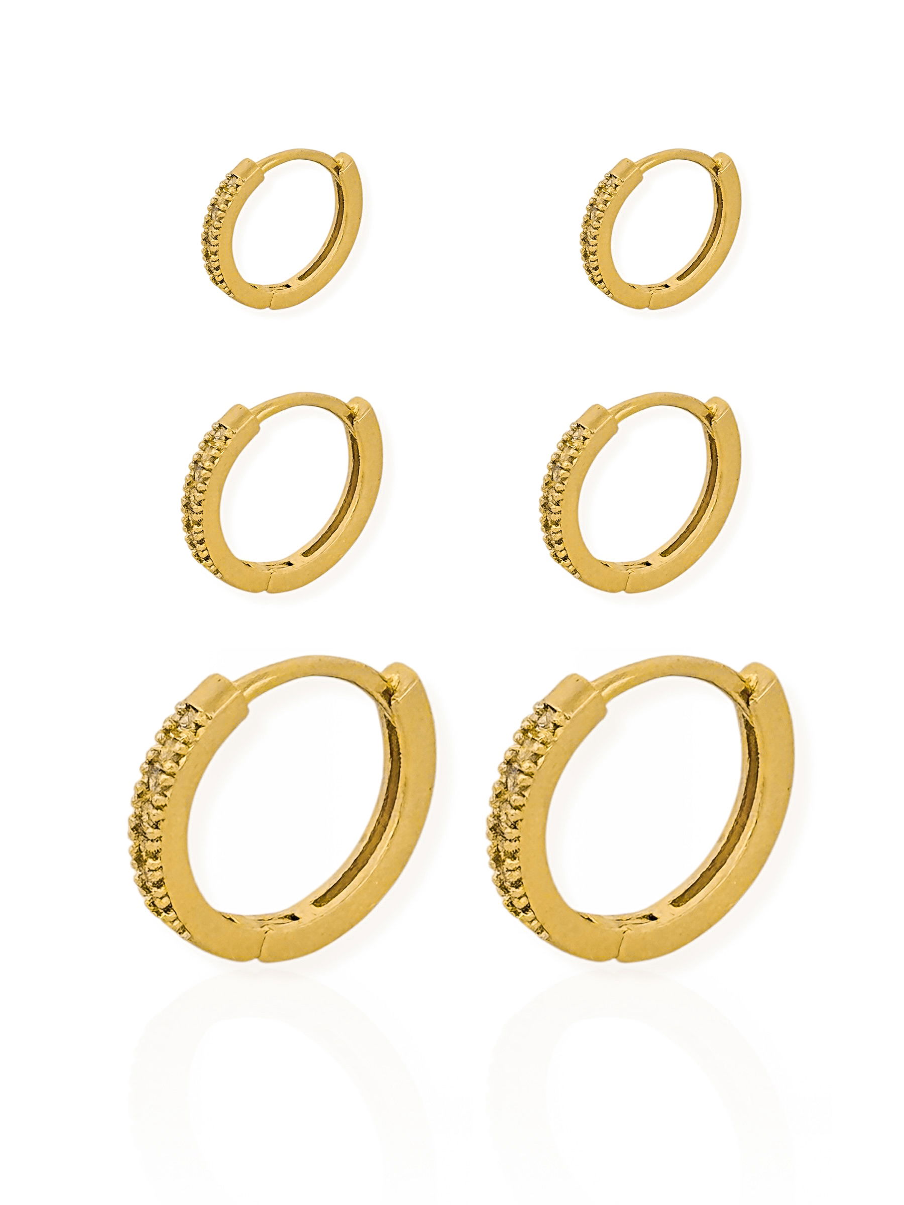 Trio de Brinco Folheado a Ouro 18k e Prata Argolas Cravejadas Finas