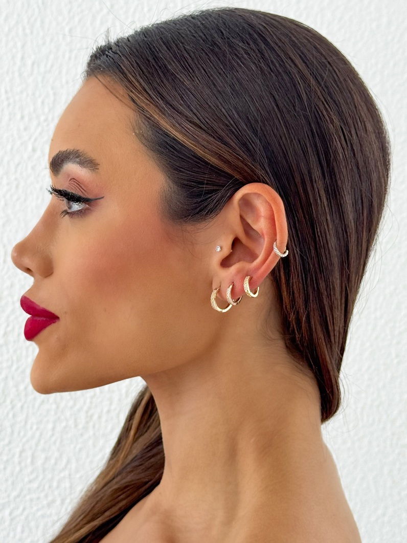 Trio de Brinco Folheado a Ouro 18k e Prata Argolas Cravejadas Finas