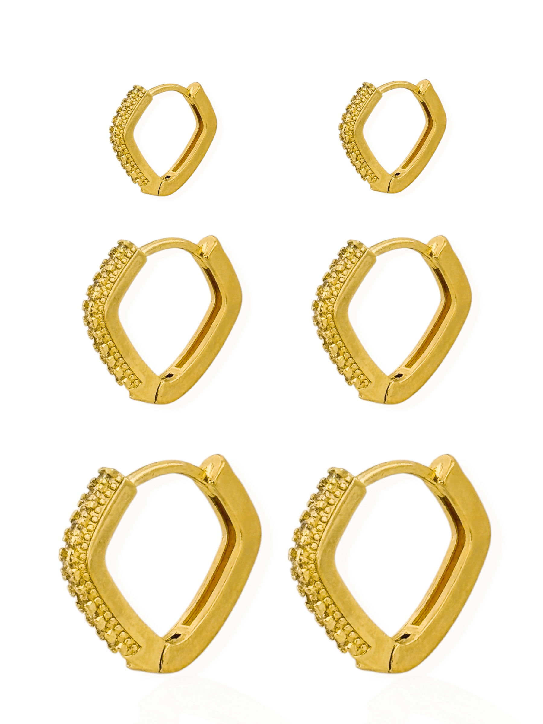 Trio de Brinco Folheado a Ouro 18k e Prata Argolas Quadradas Com Zircônia