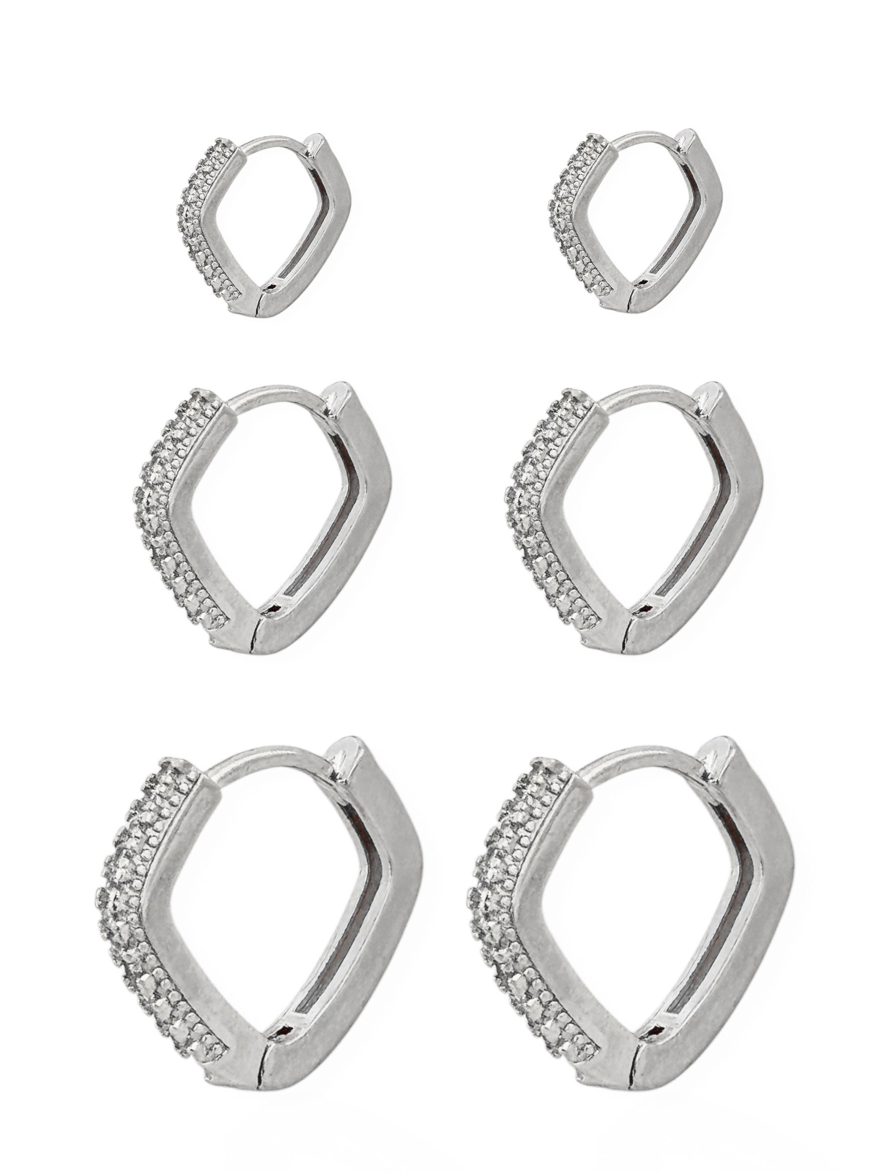 Trio de Brinco Folheado a Ouro 18k e Prata Argolas Quadradas Com Zircônia