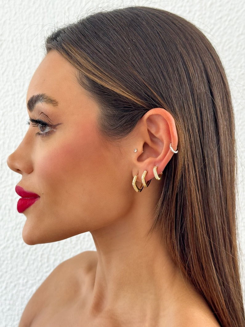 Trio de Brinco Folheado a Ouro 18k e Prata Argolas Quadradas Com Zircônia