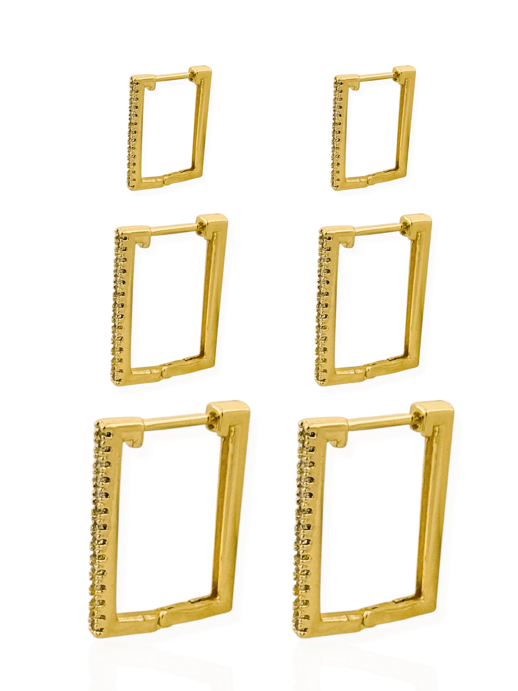 Trio de Brinco Folheado a Ouro 18k e Prata Argolas Retângulares Com Zircônia