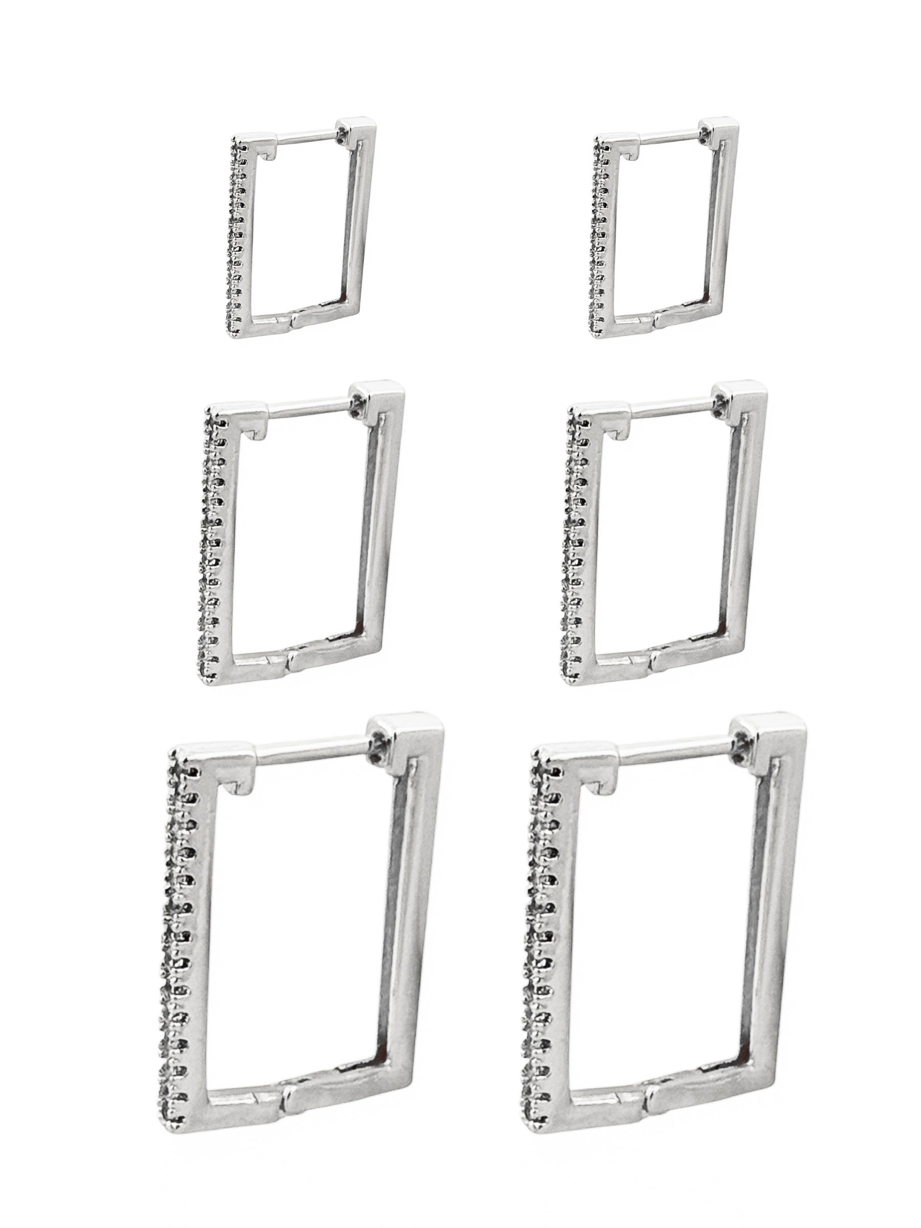 Trio de Brinco Folheado a Ouro 18k e Prata Argolas Retângulares Com Zircônia