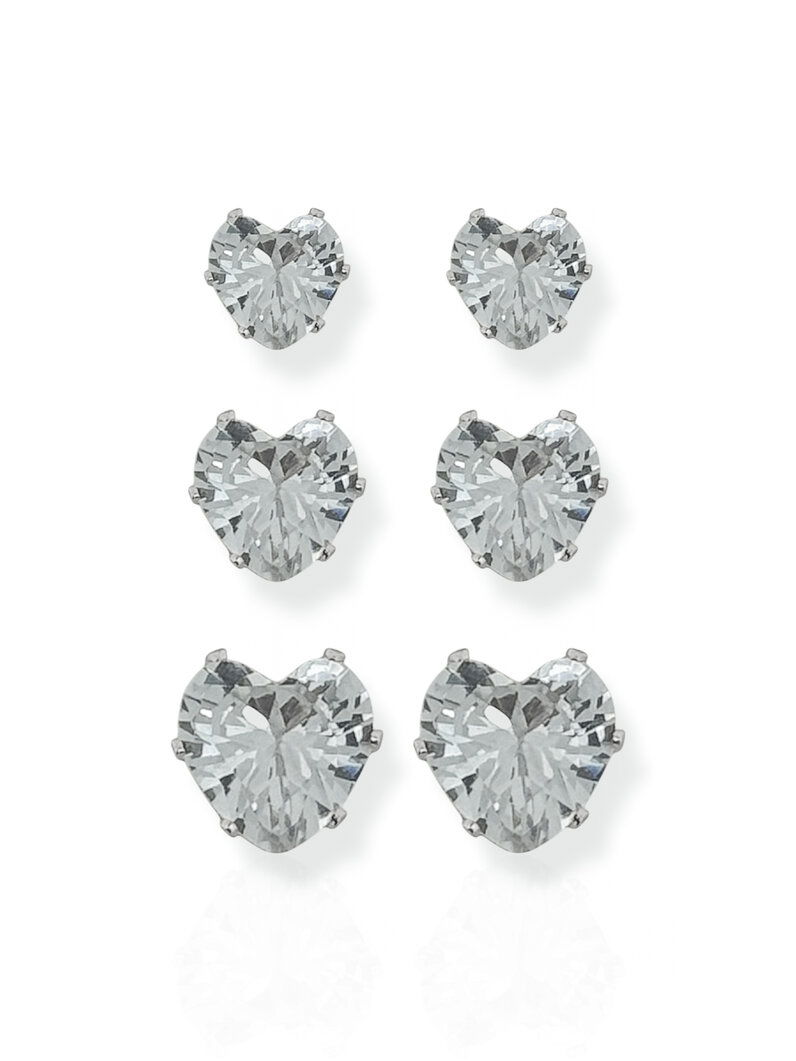 Trio de Brinco Folheado a Ouro 18k e Prata Coração Cristal