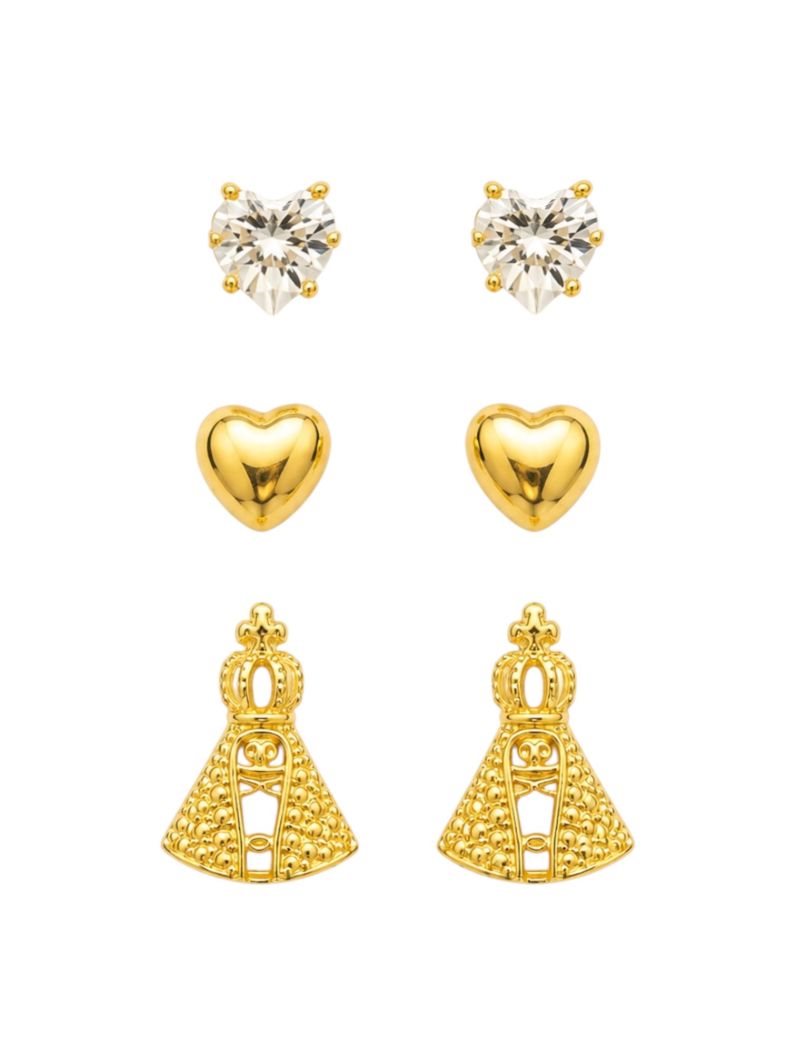 Trio de Brinco Folheado a Ouro 18k e Prata Coração e Nossa Senhora
