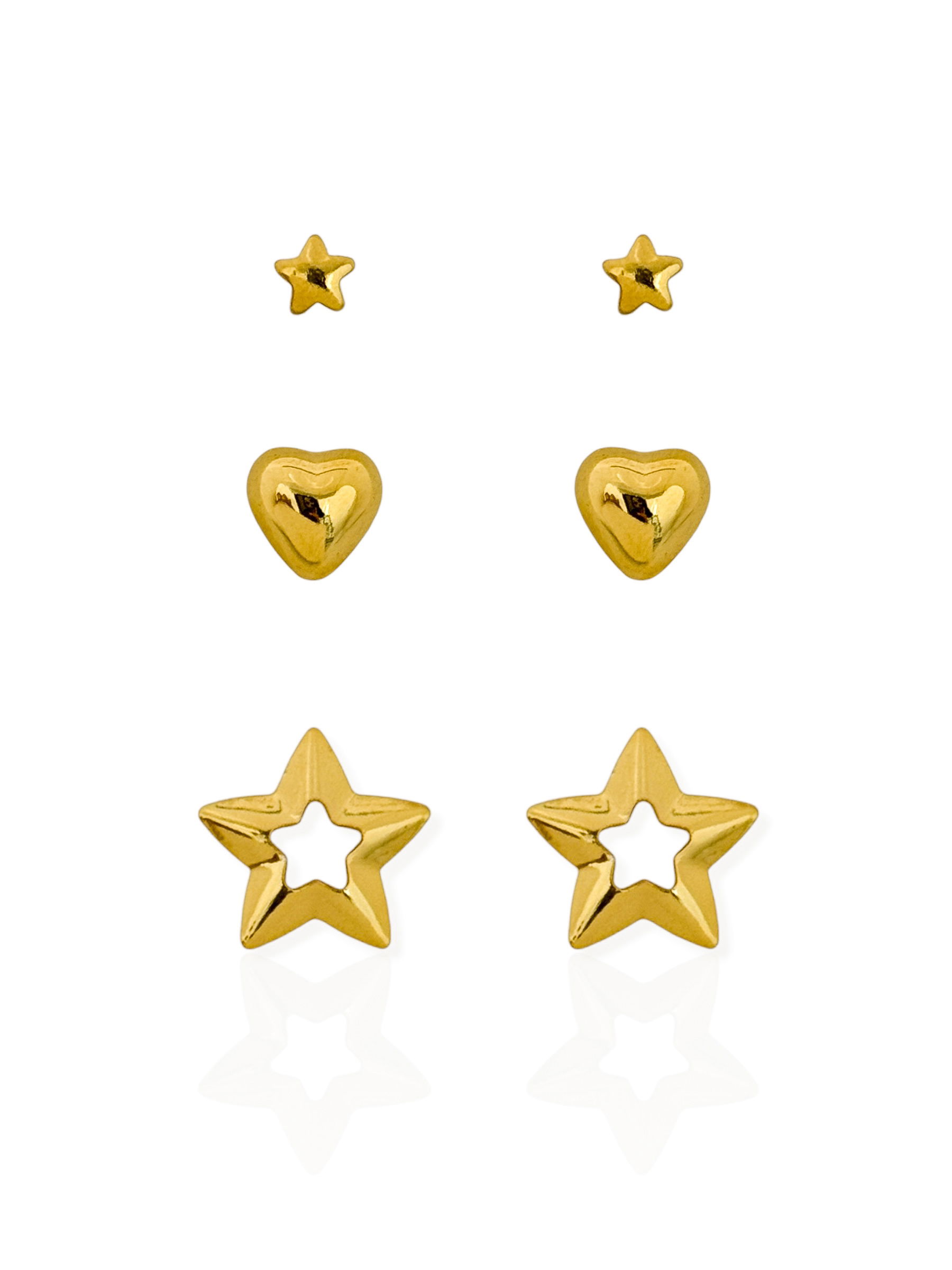 Trio de Brinco Folheado a Ouro 18k e Prata Coração Liso Com Estrelas
