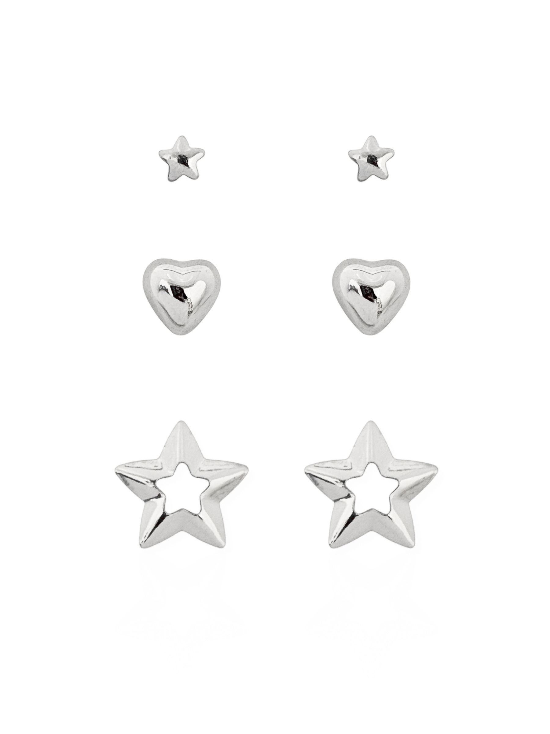 Trio de Brinco Folheado a Ouro 18k e Prata Coração Liso Com Estrelas