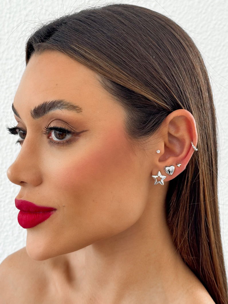 Trio de Brinco Folheado a Ouro 18k e Prata Coração Liso Com Estrelas