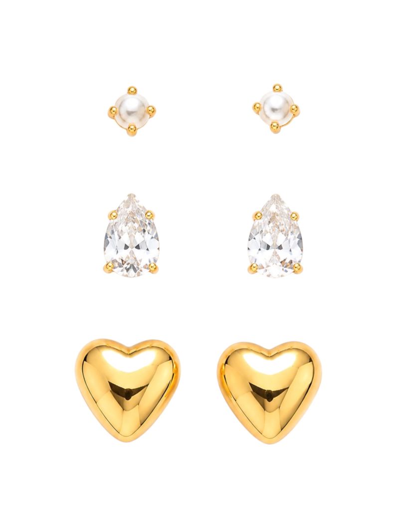 Trio de Brinco Folheado a Ouro 18k e Prata Coração Liso Com Gota Cristal e Pérola