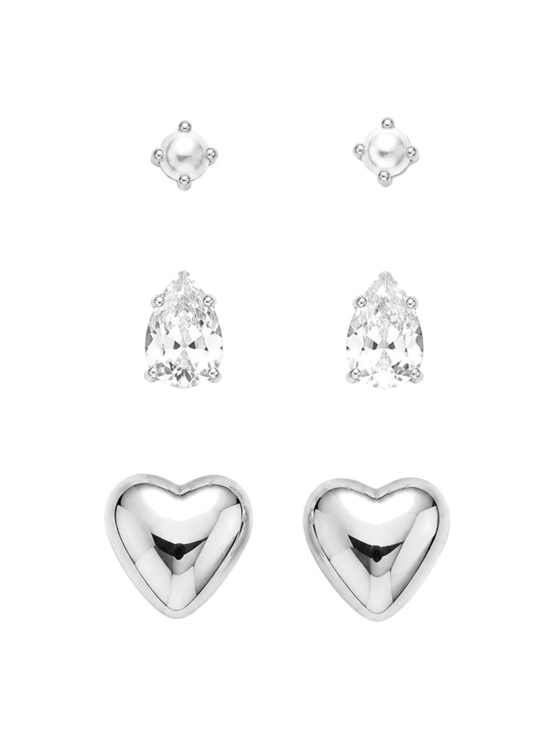Trio de Brinco Folheado a Ouro 18k e Prata Coração Liso Com Gota Cristal e Pérola
