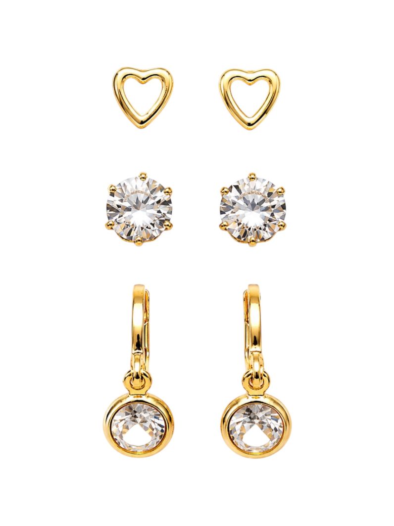 Trio de Brinco Folheado a Ouro 18k e Prata Coração,Ponto de Luz e Argola