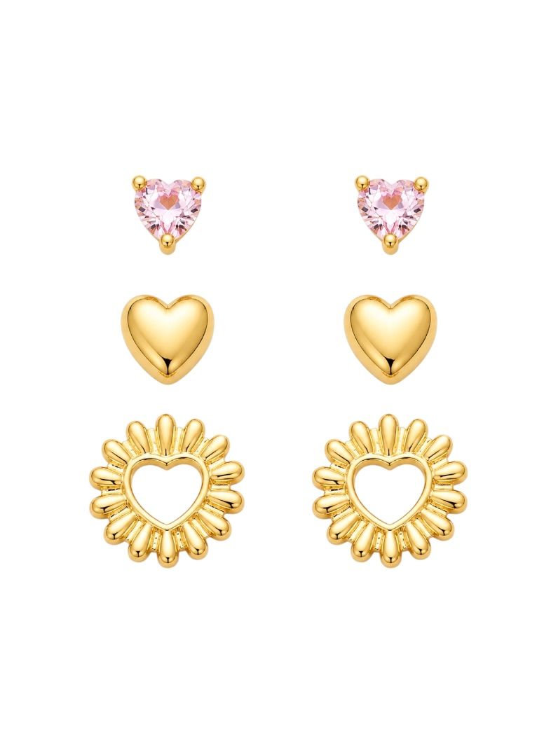Trio de Brinco Folheado a Ouro 18k e Prata Corações