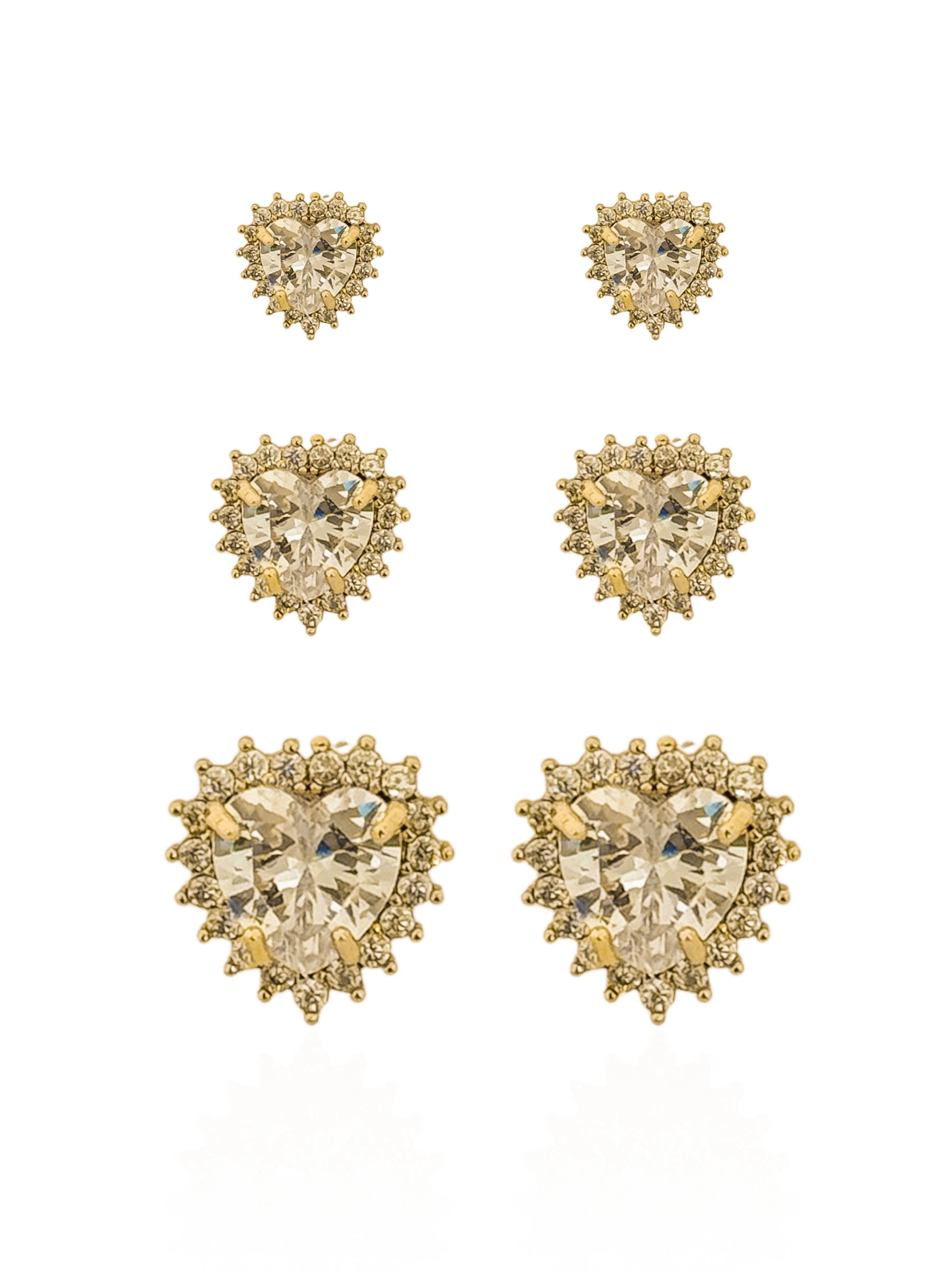 Trio de Brinco Folheado a Ouro 18k e Prata Corações Cristal