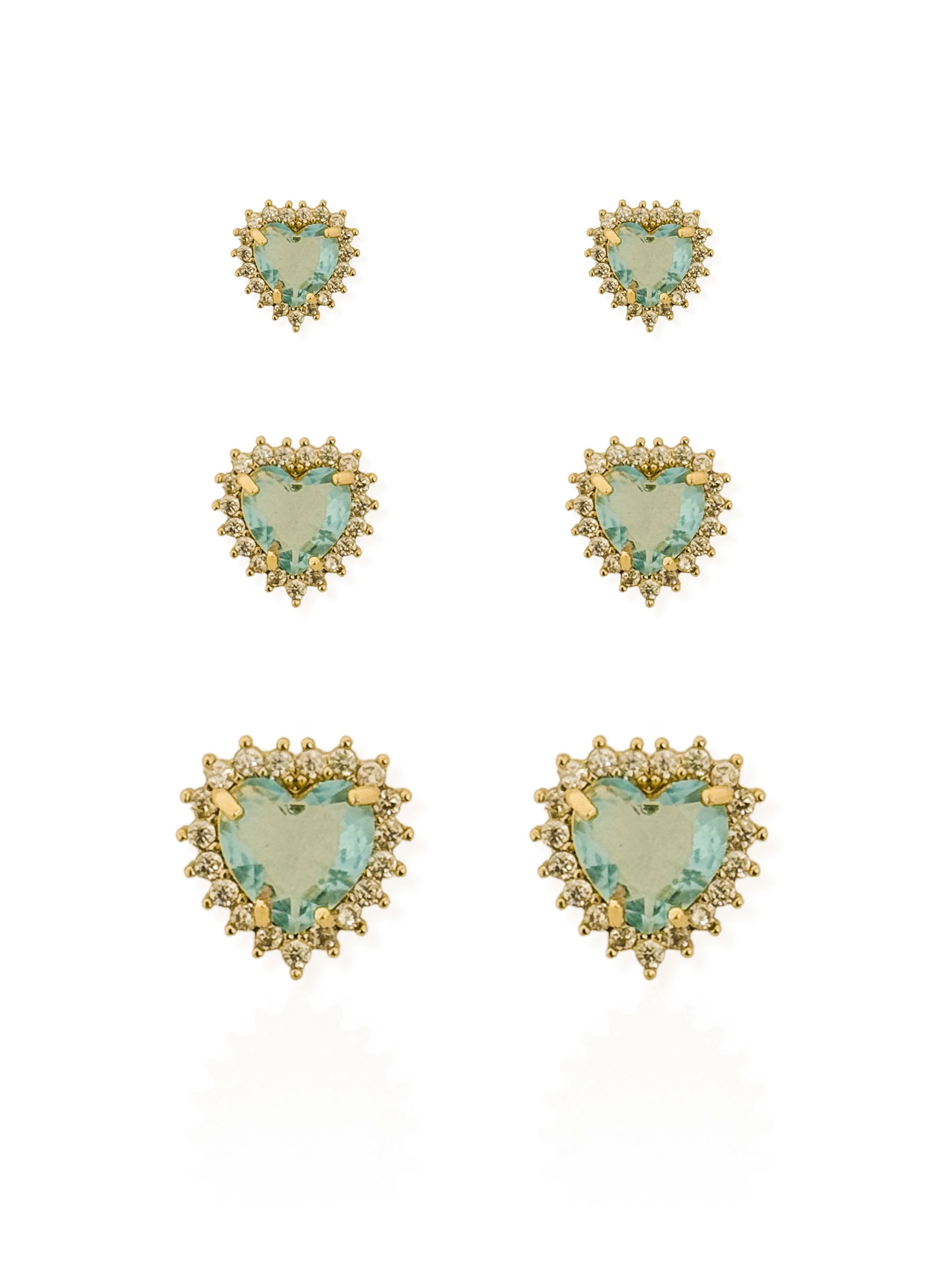 Trio de Brinco Folheado a Ouro 18k e Prata Corações Cristal