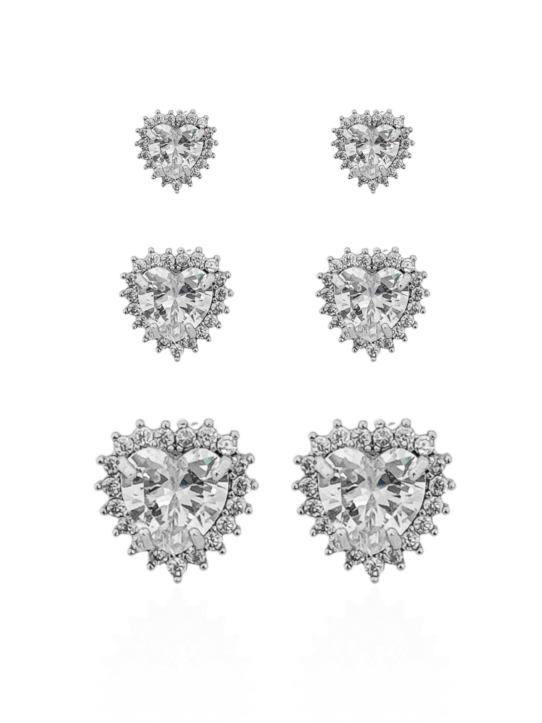 Trio de Brinco Folheado a Ouro 18k e Prata Corações Cristal