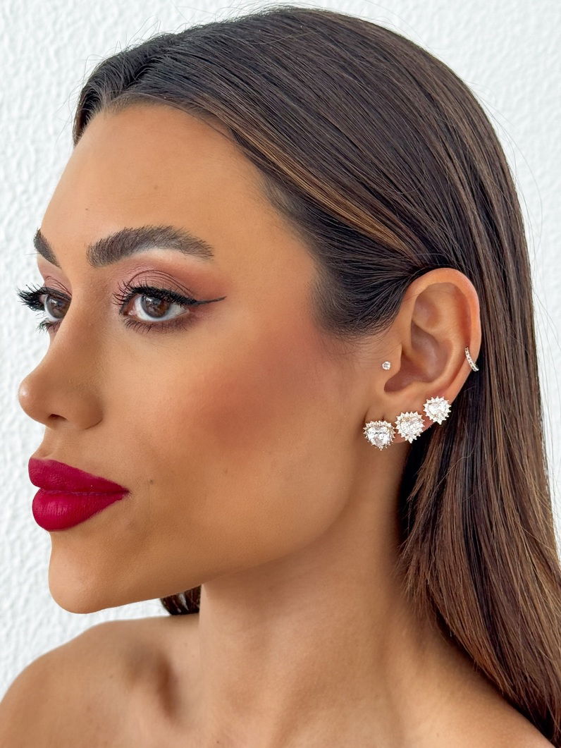 Trio de Brinco Folheado a Ouro 18k e Prata Corações Cristal