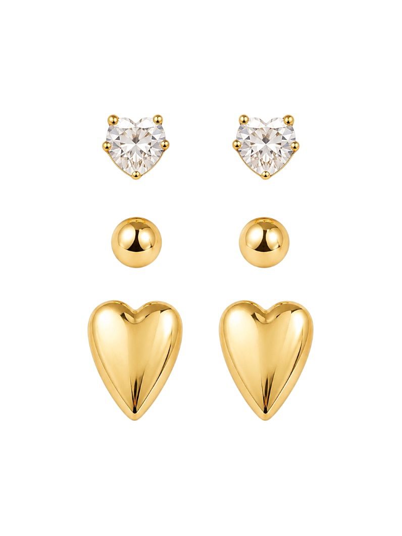 Trio de Brinco Folheado a Ouro 18k e Prata Corações e Esfera